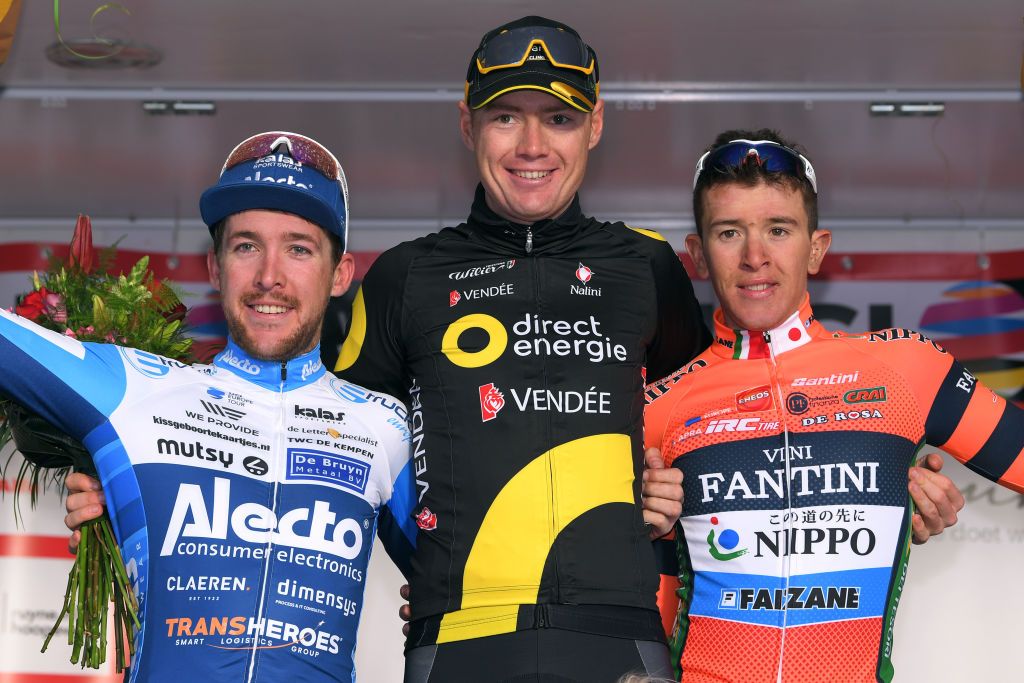 Robbert de Greef (left) on the podium at the Ronde van Drenthe 2019