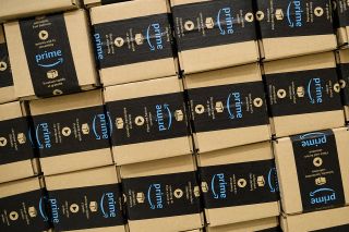 PETERBOROUGH, ENGLAND - NOVEMBER 15: A close-up of a packaged Amazon Prime item in the Amazon Fulfilment centre on November 15, 2017 in Peterborough, England. A report in the US has suggested that o