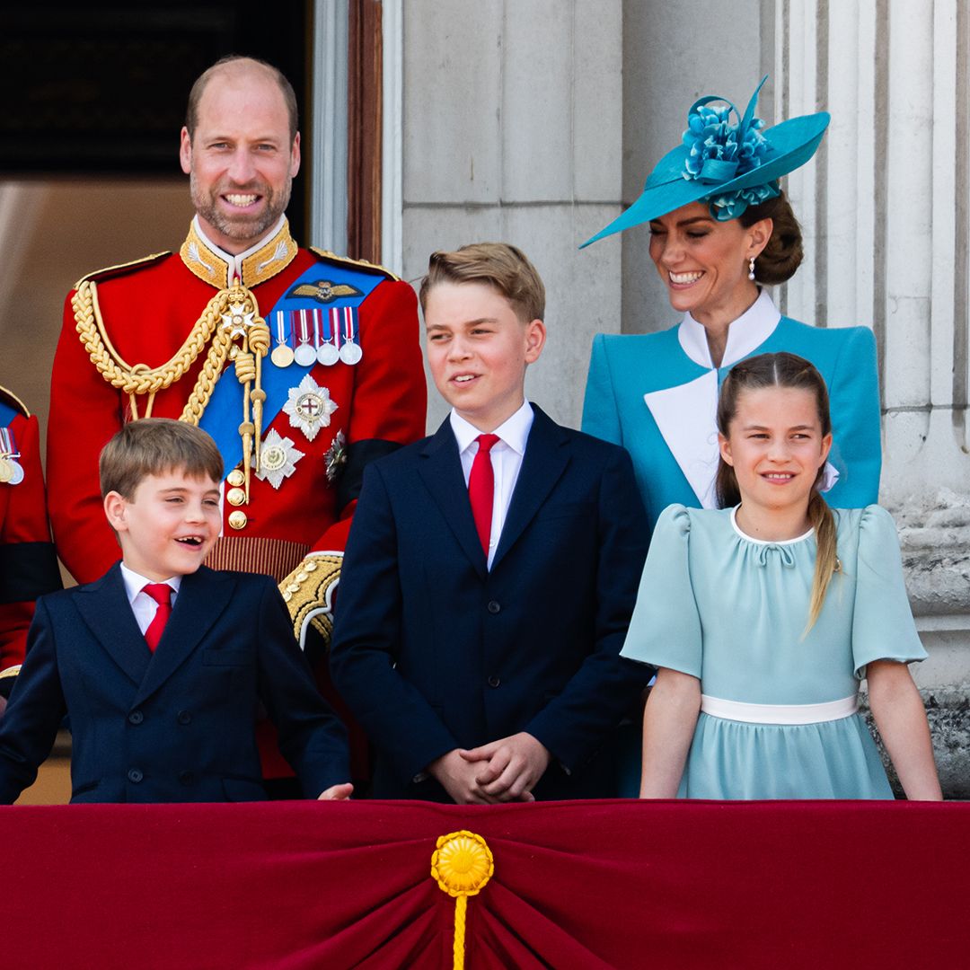 LONDON, ENGLAND - JUNE 14: Prince Louis of Wales, Prince William, Prince of Wales, Prince George of Wales, Catherine, Princess of Wales and Princess Charlotte of Wales during Trooping The Colour 2025 on June 14, 2025 in London, England. Trooping The Colour is a ceremonial parade celebrating the official birthday of the British Monarch. The event features over 1,400 soldiers and officers, accompanied by 200 horses. More than 400 musicians from ten different bands and Corps of Drums march and while performing. (Photo by Samir Hussein/WireImage)