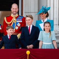 LONDON, ENGLAND - JUNE 14: Prince Louis of Wales, Prince William, Prince of Wales, Prince George of Wales, Catherine, Princess of Wales and Princess Charlotte of Wales during Trooping The Colour 2025 on June 14, 2025 in London, England. Trooping The Colour is a ceremonial parade celebrating the official birthday of the British Monarch. The event features over 1,400 soldiers and officers, accompanied by 200 horses. More than 400 musicians from ten different bands and Corps of Drums march and while performing. (Photo by Samir Hussein/WireImage)