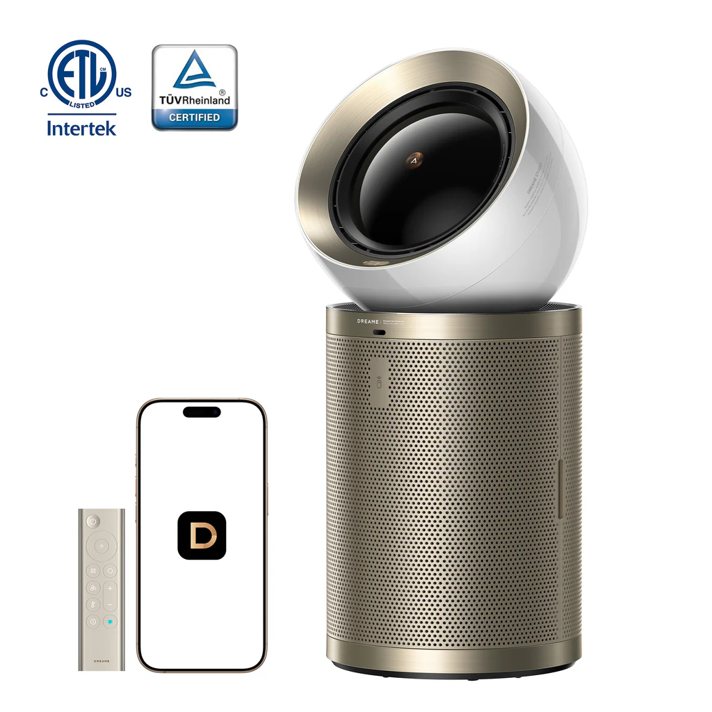 Dreame AirPursue PM20 air purifier and smartphone, remote, and two logos against white background.