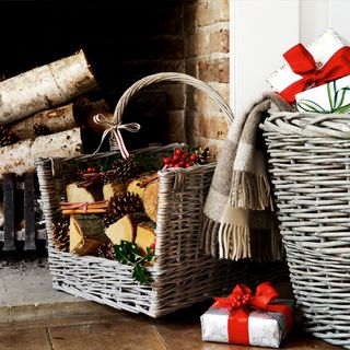 fireplace with basket and firewood