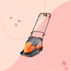 LawnMaster 1800W Electric Hover lawn mower on a pink graphic