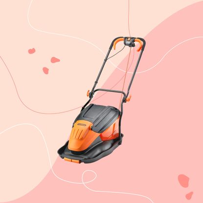 LawnMaster 1800W Electric Hover lawn mower on a pink graphic