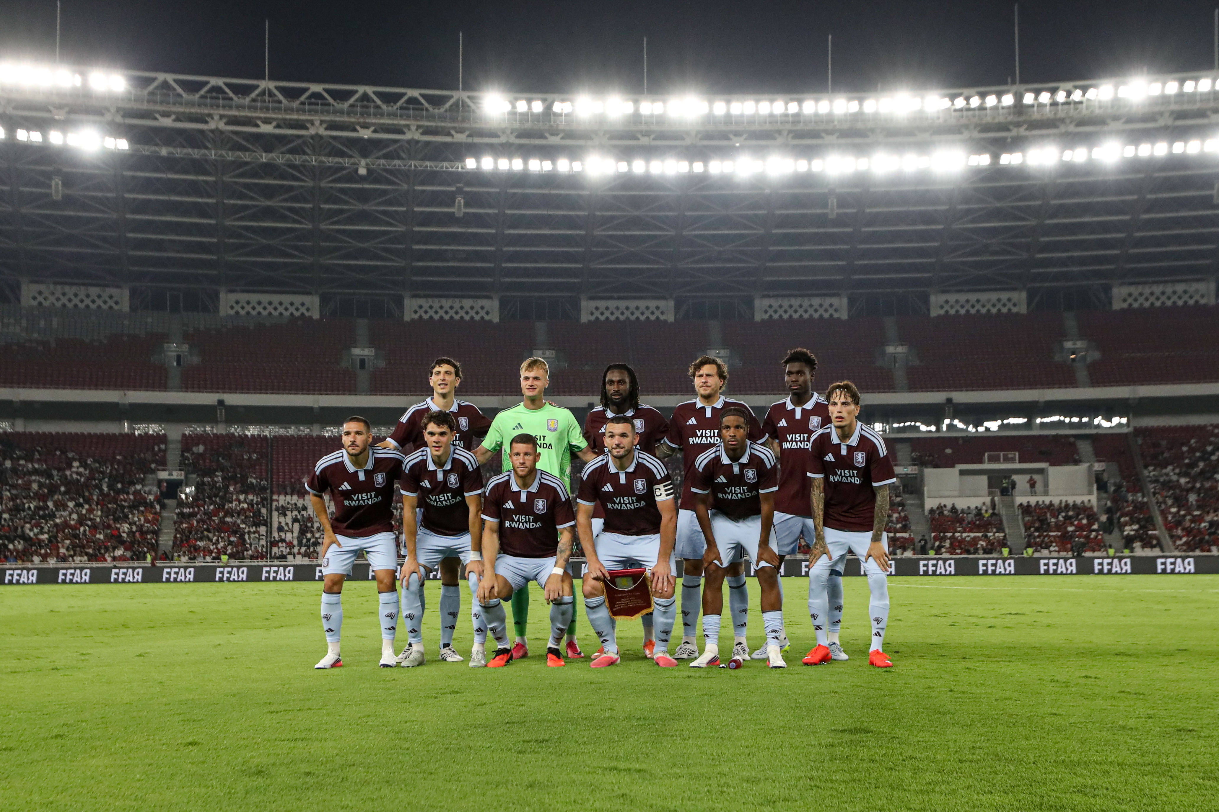 Aston Villa players pose for a team photograph before their pre-season friendly against the Indonesia All-Stars at Gelora Bung Karno Main Stadium in Jakarta, Indonesia, on August 1, 2026. (Photo by Faisal Ramadhan/NurPhoto via Getty Images)