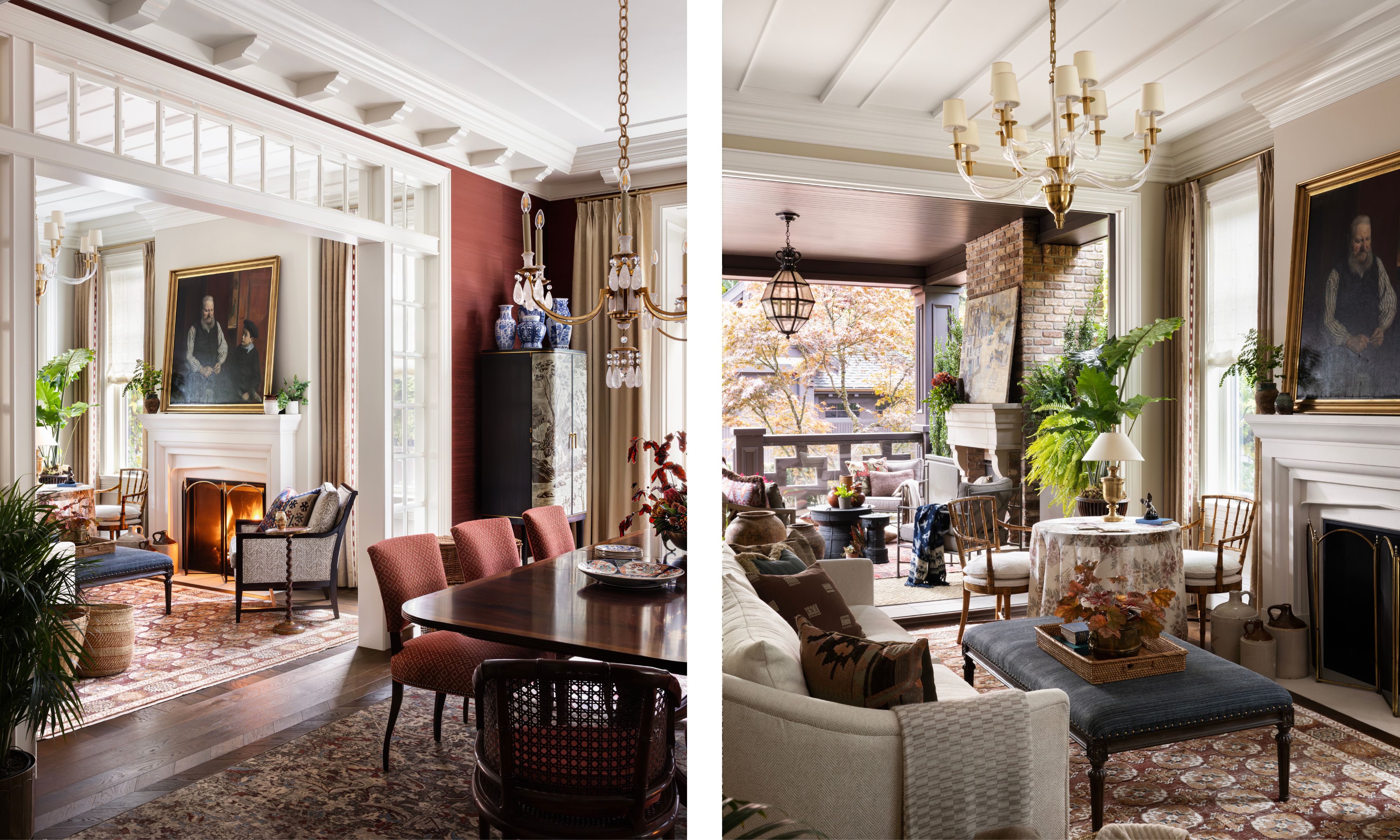 a red glasscloth lined dining room with traditional tudor style millwork and molding, a dark wooden table, chandelier, vintage rug and a view through to the living room with a fireplace