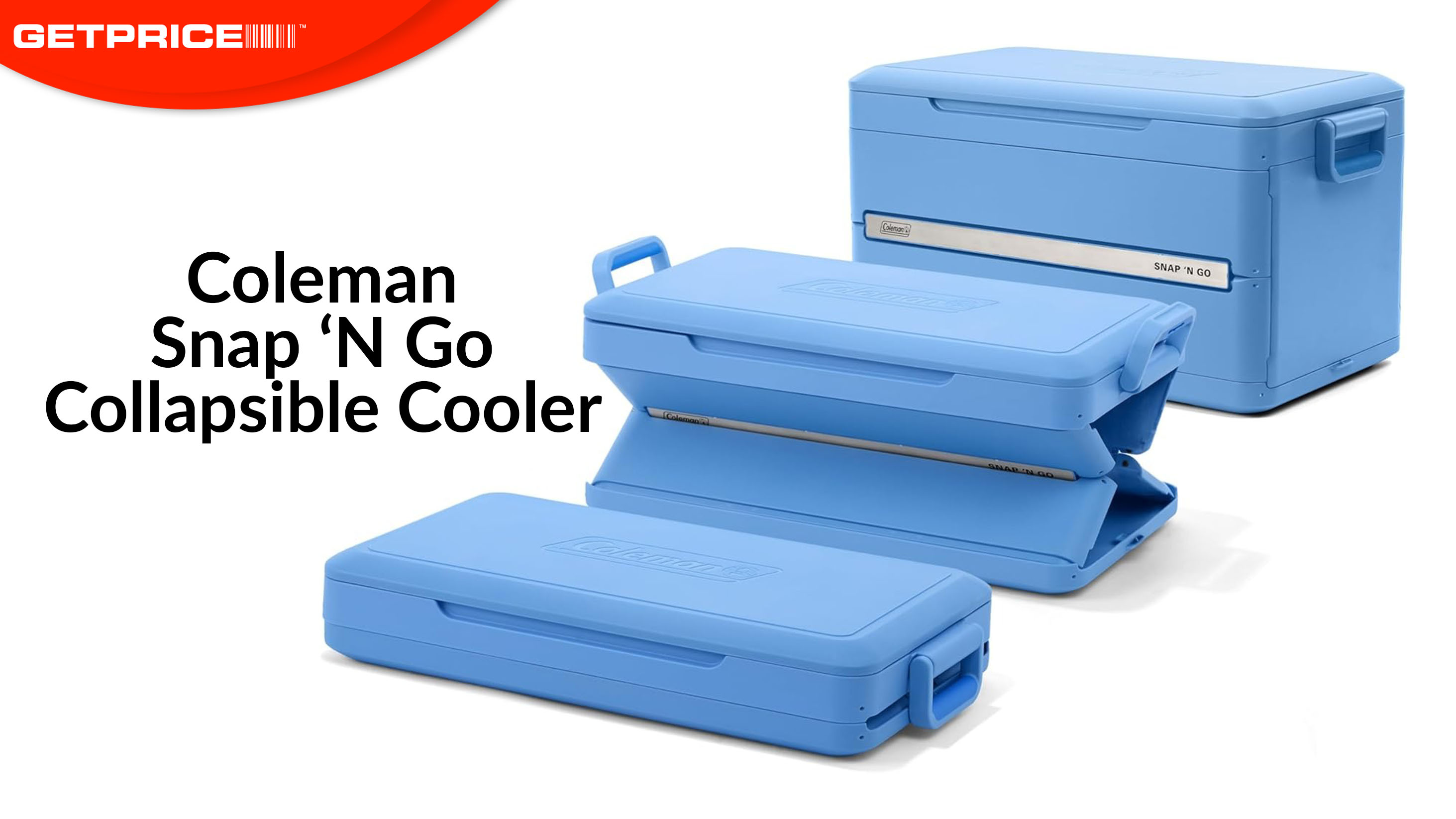 Picture of blue Snap 'N Go cooler in three forms with red Get Price header image and black text that says Coleman Snap 'N Go Collapsible Cooler next to it