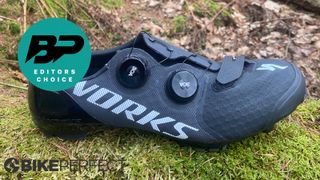 A mountain bike shoe on some moss