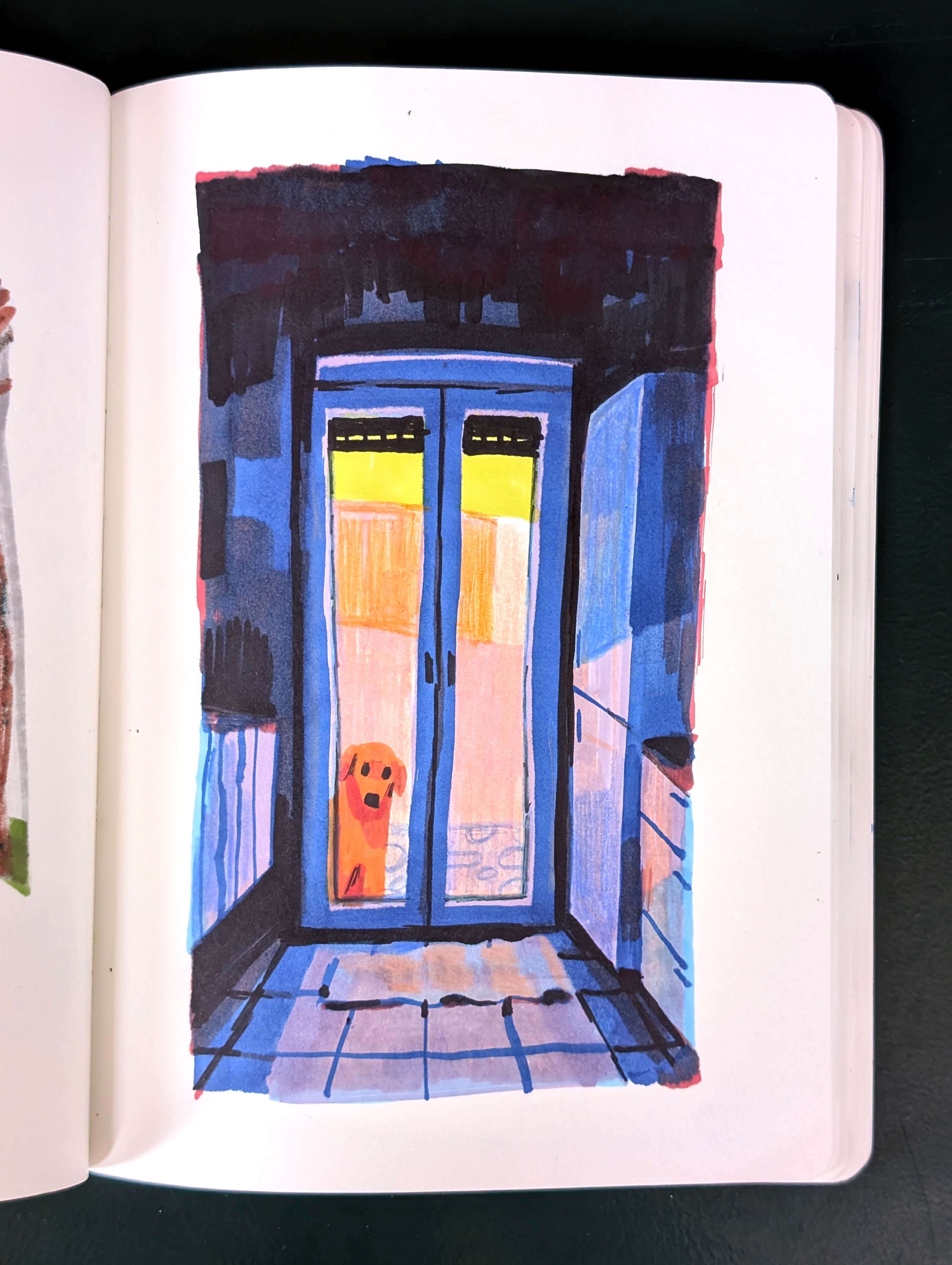 Sketchbook artist; a watercolour sketch of a glass door