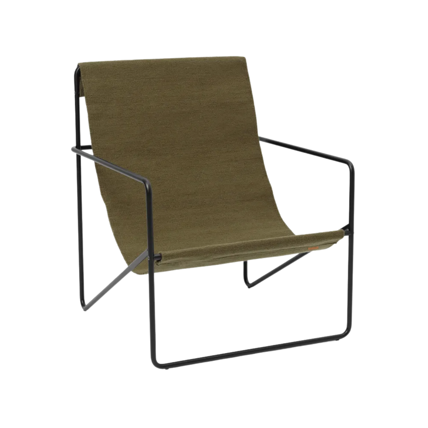 A black frame chair with an olive green fabric from Ferm Living