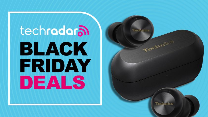 Technics EAH-AZ100 on blue background with TR&#039;s &#039;Black Friday deals&#039; poster