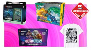 A MTG commander deck, aetherdrift bundle, foundations beginner box, and white t-shirt on a pink background