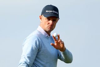 Justin Rose of England reacts during Final Qualifying for the Open at Burnham and Berrow Golf Club on July 2, 2024 in Burnham on Sea, England.