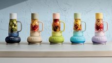 A colourful set of five tumble style drinking cups, upside down on blender bases, against a blue wall