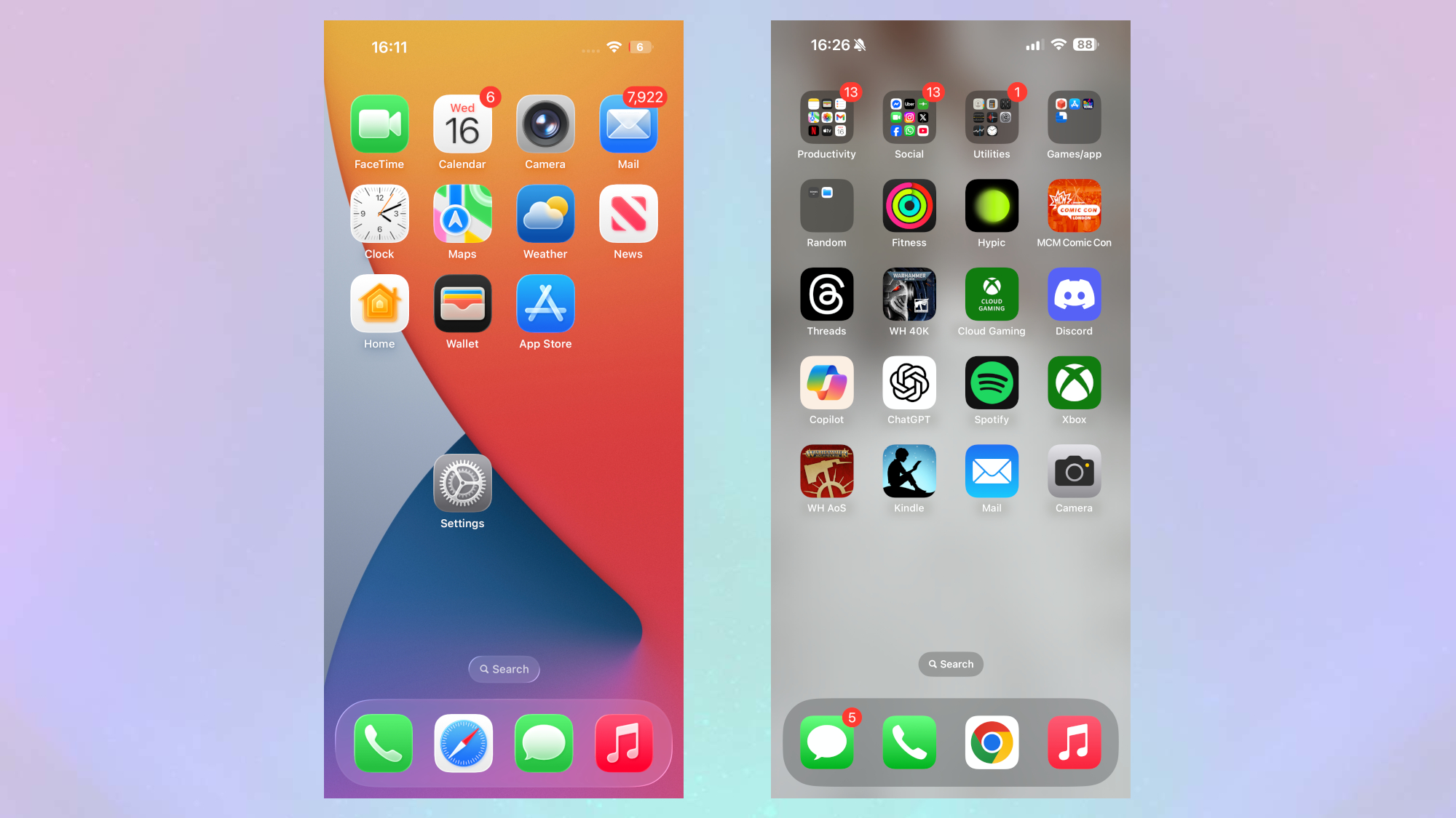 comparison between iOS 26 home screen (left) and iOS 18 (right)