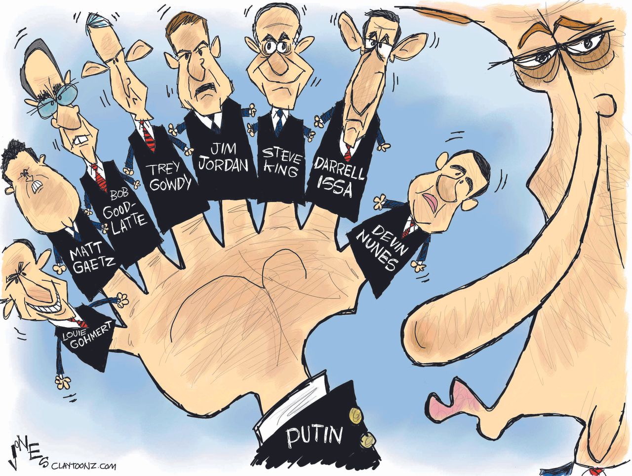 Political cartoon U.S. Putin Trump Russia investigation sticky fingers Nunes White 2016 election