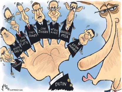 Political cartoon U.S. Putin Trump Russia investigation sticky fingers Nunes White 2016 election