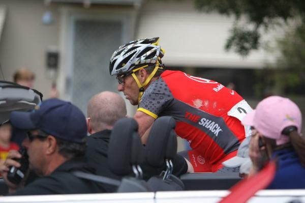 Lance Armstrong was pretty beat up after his fall early in the day.
