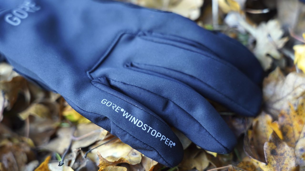 A close up of a Gore Windstopper Thermo glove on leafy ground