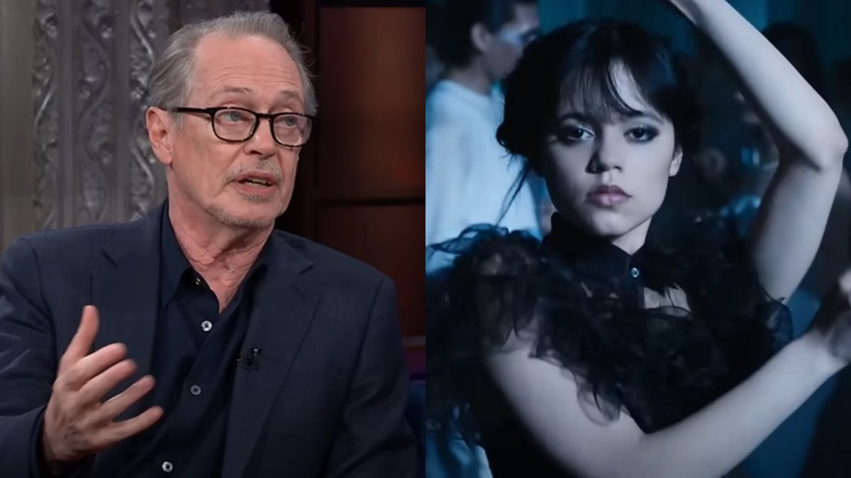 From left to right: Steve Buscemi on Steven Colbert&#039;s talk show and Jenna Ortega dancing in Wednesday.