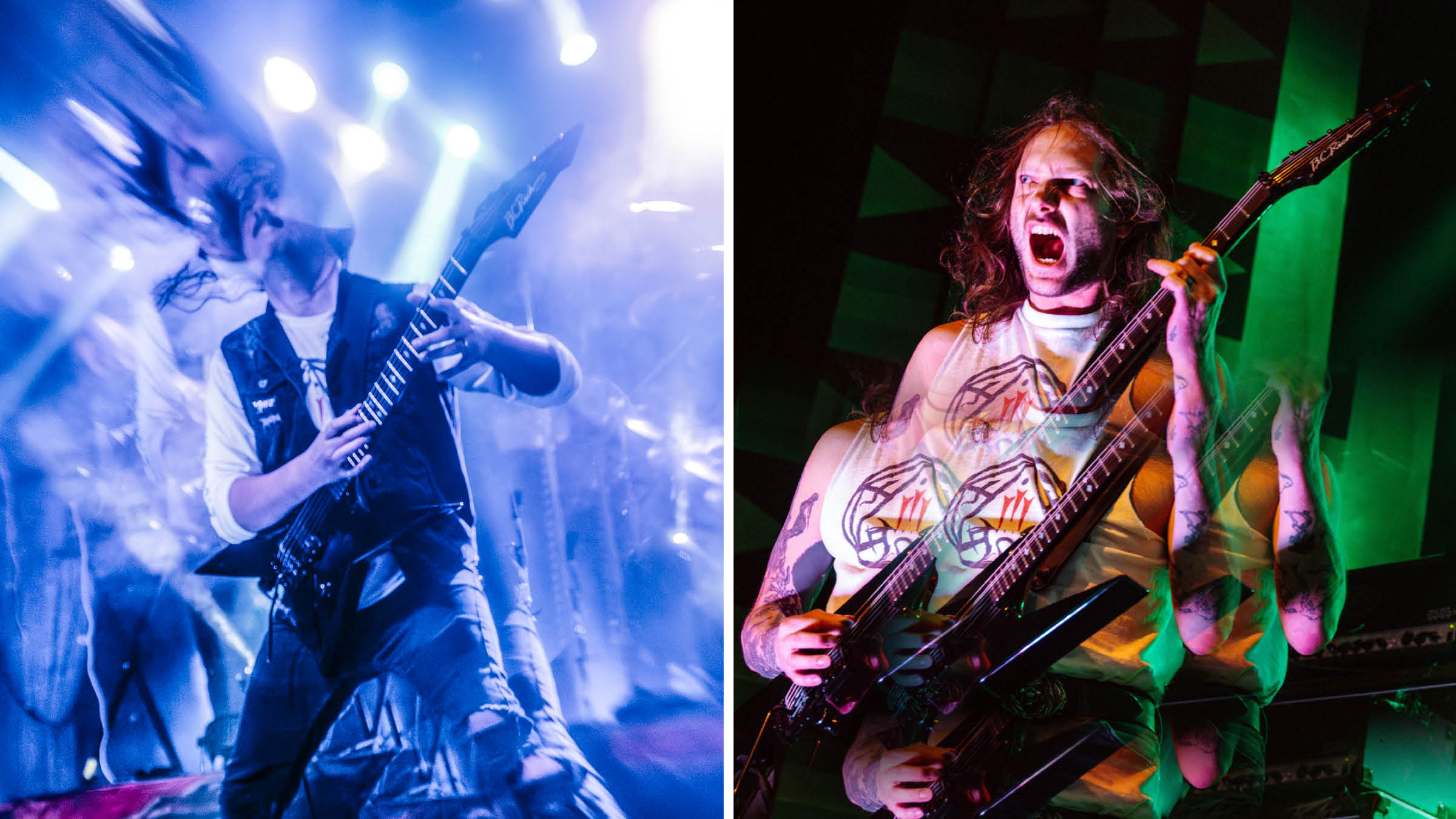 Blood Incantation&#039;s Paul Rield [left] and Morris Kolontyrsky tear it up live in this artily shot action photos