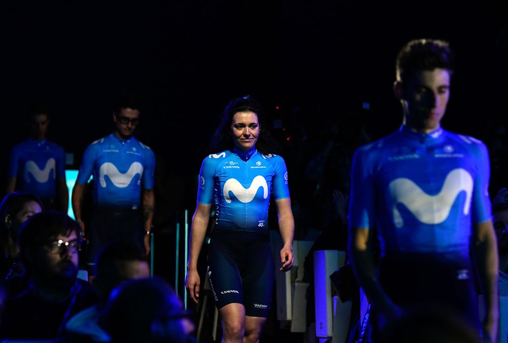 Alba Teruel arrives at the presentation of Spain's Movistar Team