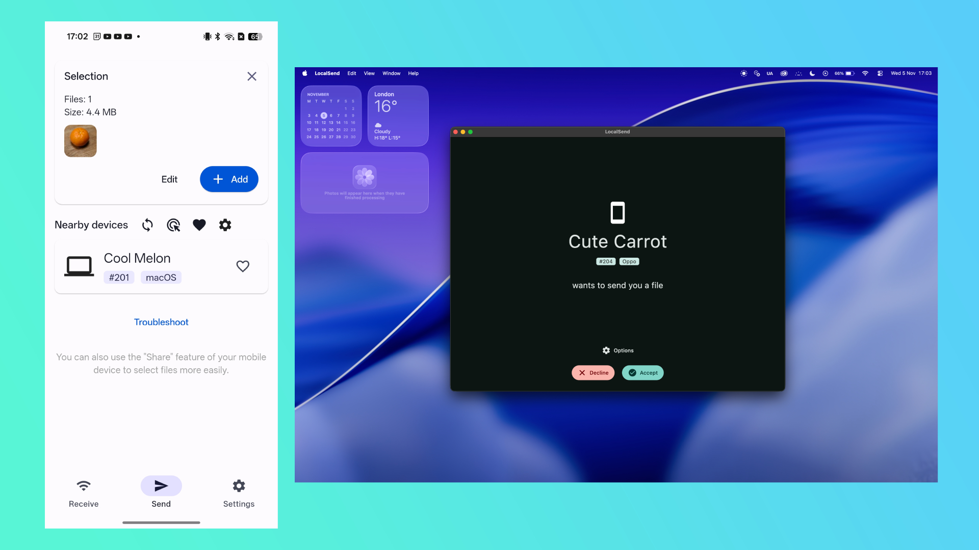 LocalSend screenshots from an Android phone and MacBook Pro