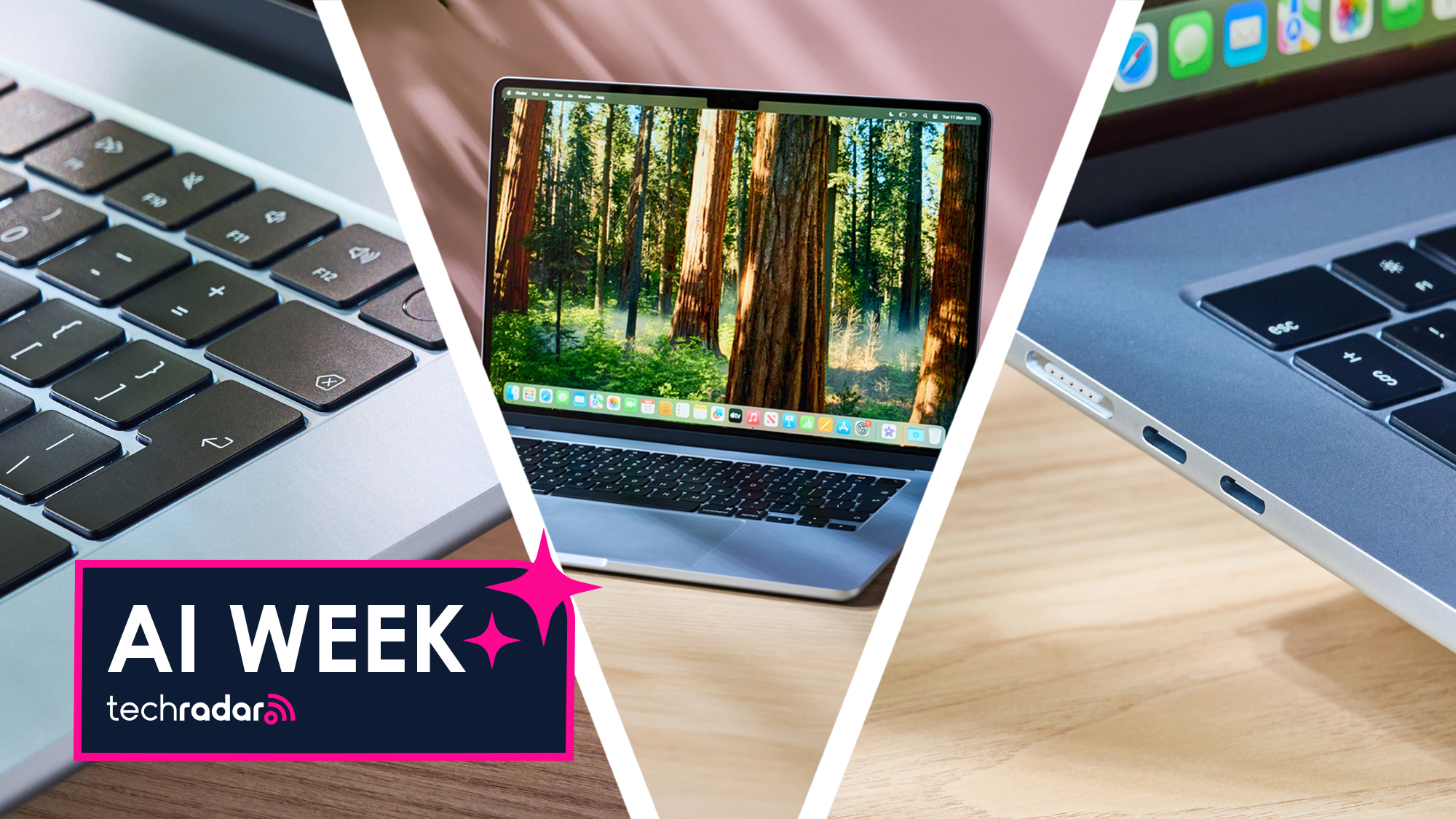 Three angles of the Apple MacBook Air 15-inch M4 laptop above a desk