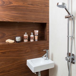 bathroom with wooden wall and storage shelves