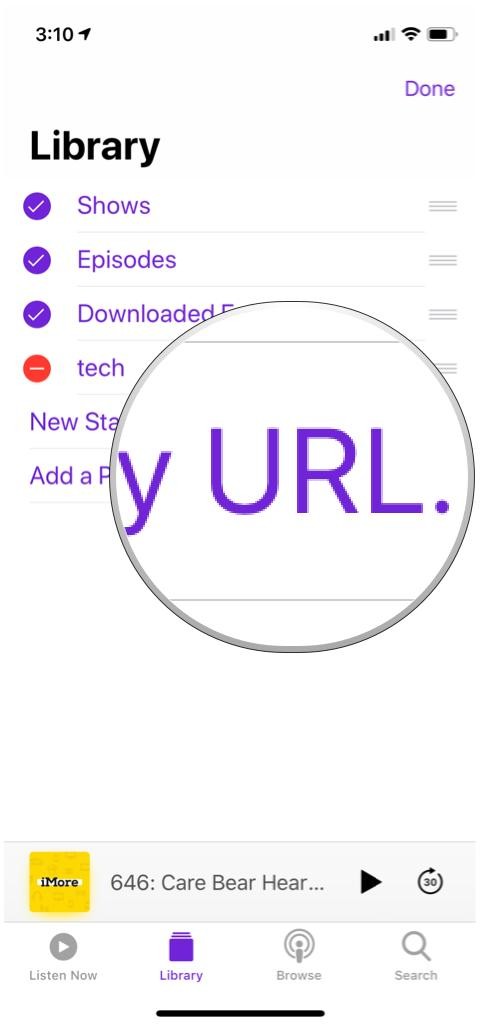Apple Podcasts, Library, Edit, Add by URL