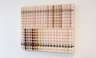 ’Gathering’, by Hiroko Takeda. A wall painting made of squares with different colours running through them.