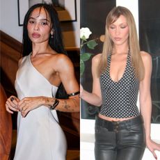 Images of Bella Hadid and Zo&euml; Kravitz with wispy, feathery bangs styles.