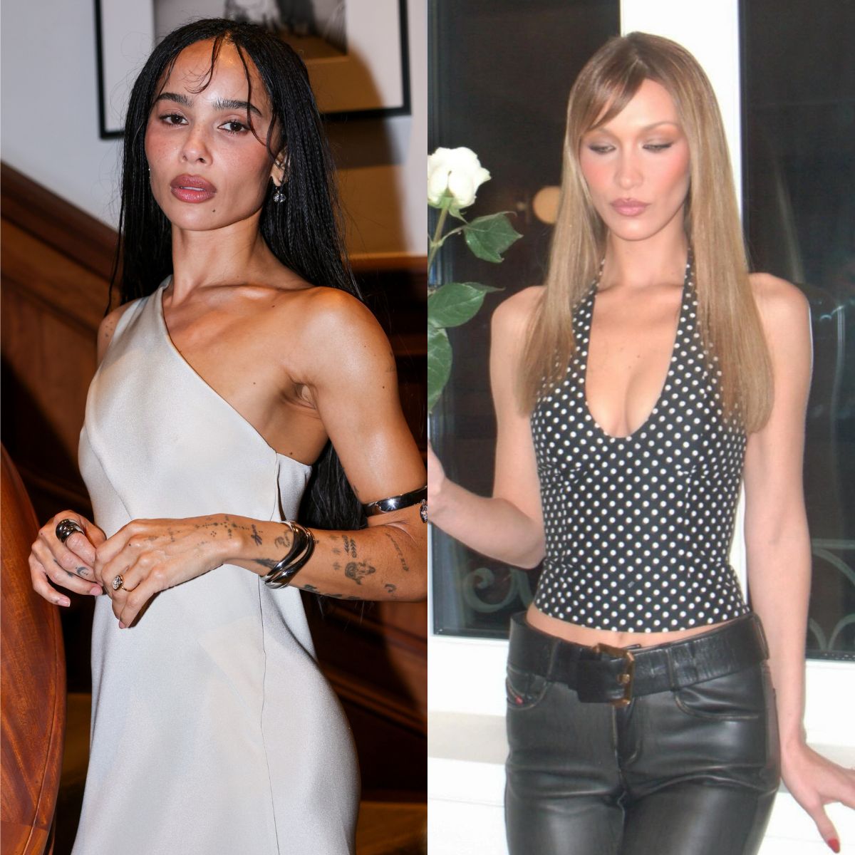 Images of Bella Hadid and Zo&euml; Kravitz with wispy, feathery bangs styles.