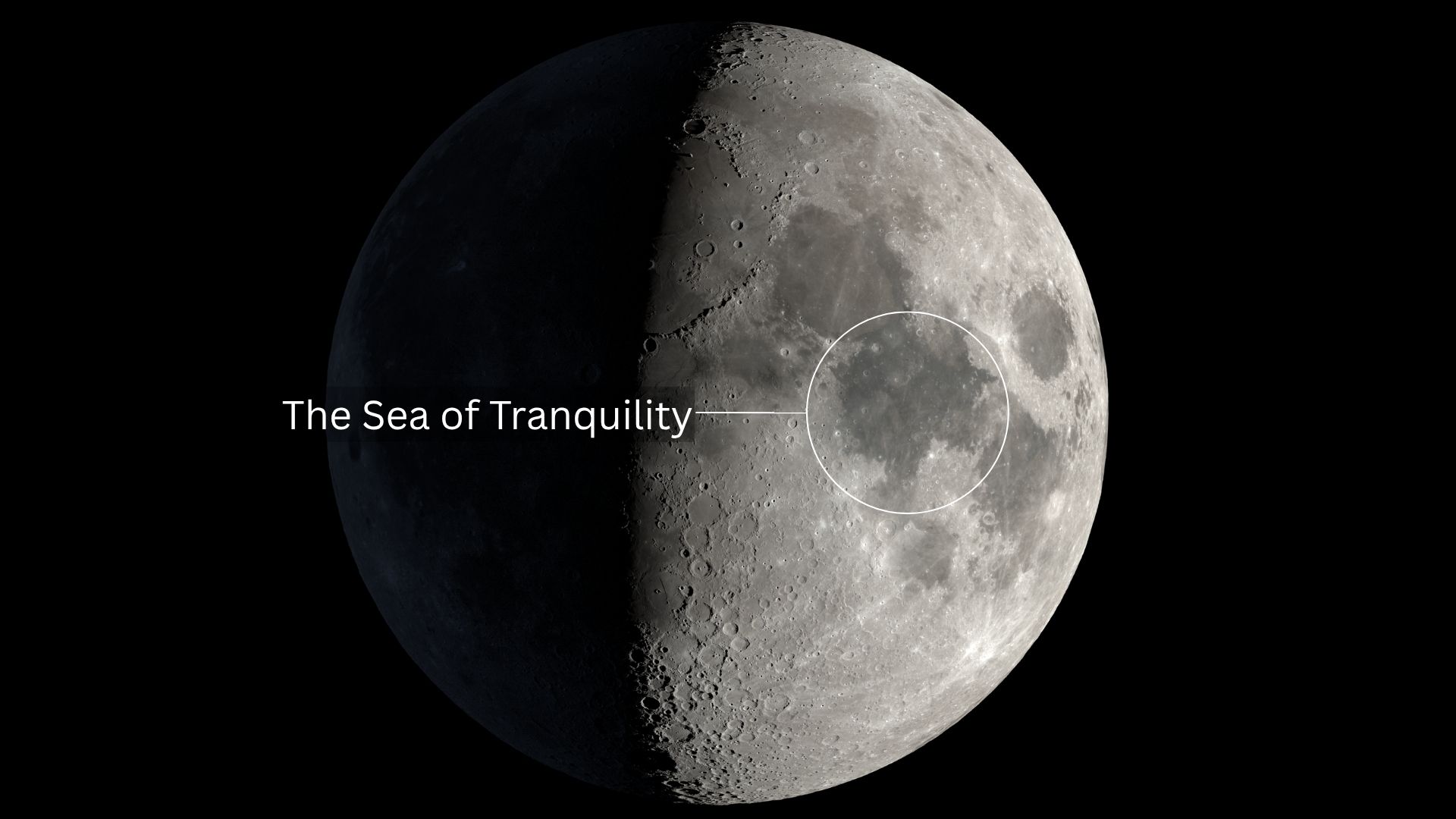 A graphic of a half lit moon is shown in a black sky with a white circle showing the location of the Sea of Tranquility.