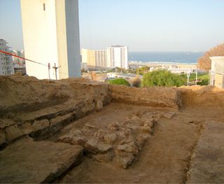 Hill of Jonah excavation, Above, the excavation on top of the Hill of Jonah where the prophet, who was swallowed by a whale or fish, is believed by some to have been buried. It uncovered thick stone walls, in the center, believed to belong to a fortress o