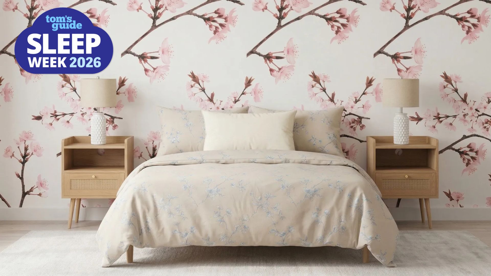 A Feng Shui Bedroom with a cherry blossom wallpaper and matching nightstands and lamps for visual symmetry. A "Sleep Week 2026" badge is seen in the foreground. 