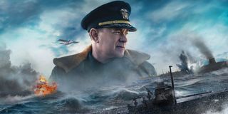 Greyhound Tom Hanks' image floating over seabound warfare