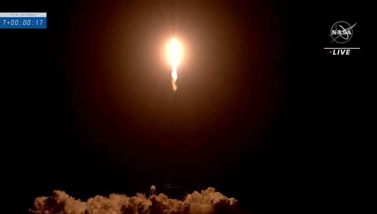 A SpaceX Falcon 9 rocket launches four astronauts to the International Space Station from NASA's Kennedy Space Station in Florida on the Crew-3 mission on Nov. 10, 2021.