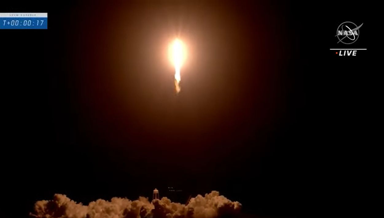 A SpaceX Falcon 9 rocket launches four astronauts to the International Space Station from NASA's Kennedy Space Station in Florida on the Crew-3 mission on Nov. 10, 2021.
