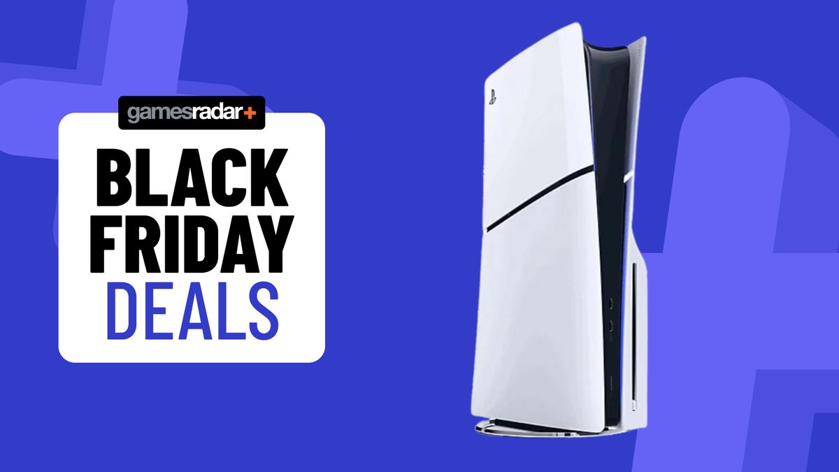 PS5 Slim console on a blue background with Black Friday deals badge