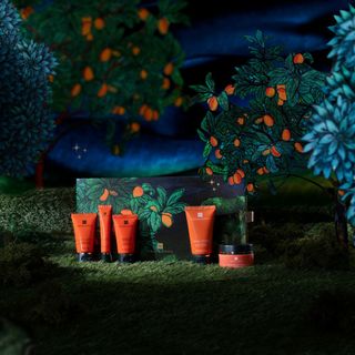 A selection of products from the Templespa Time to Glow giftset on a backdrop inspired by a Mediterranean garden at night