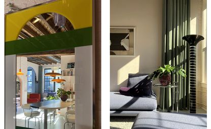 Two photos. Left image is of a dining area with table chairs, wall shelves and pendant lights. Right image is of a living area with two grey couches and a glass table with a potted plant on.