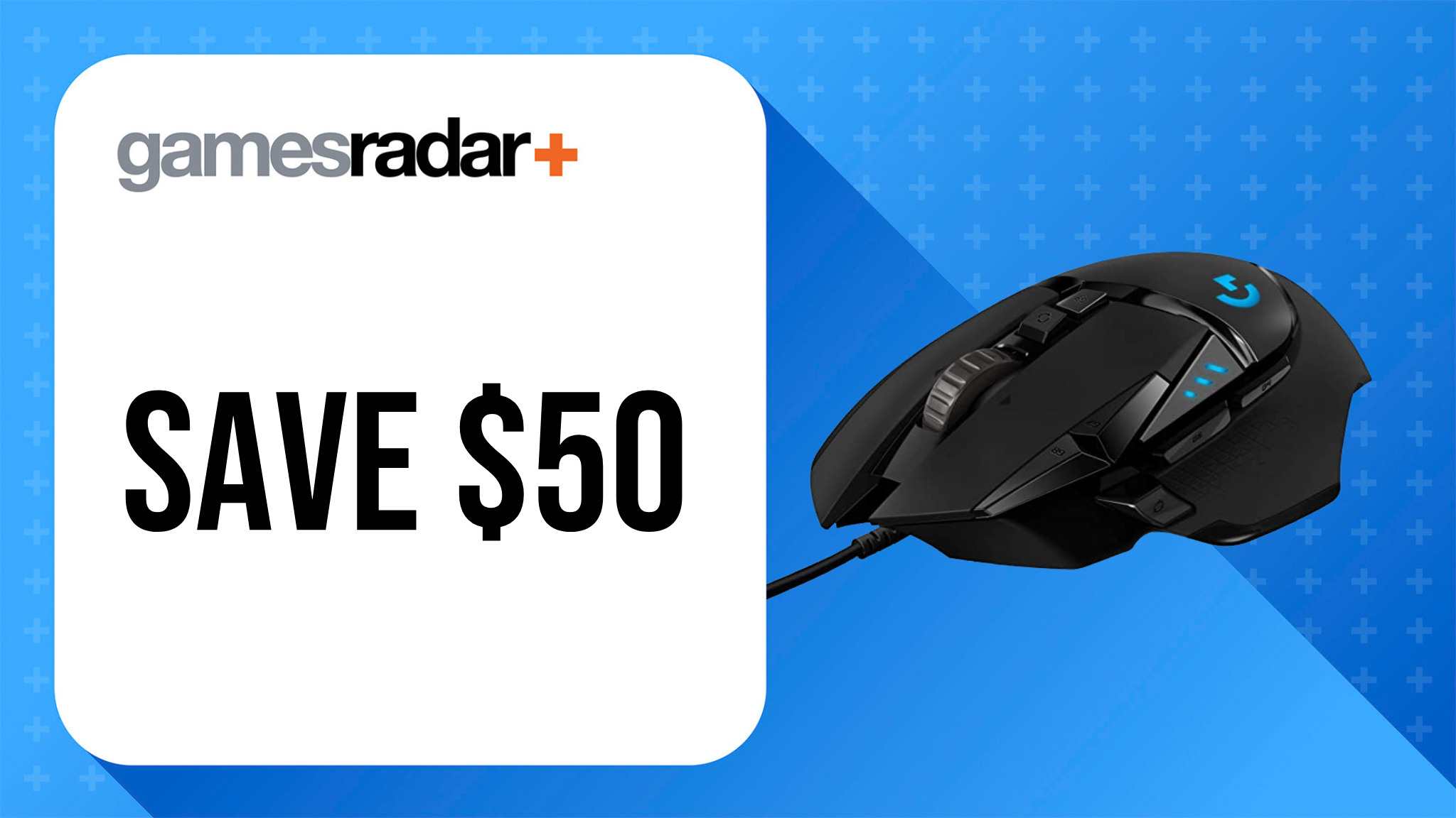 Logitech G502 HERO Gaming Mouse deal image with $50 saving and blue background