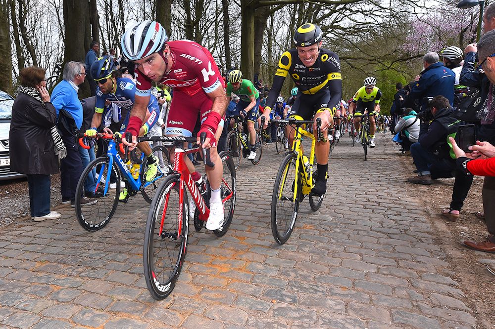 Baptiste Planckaert tackles the cobbles during stage 2 at Three Days of De Panne