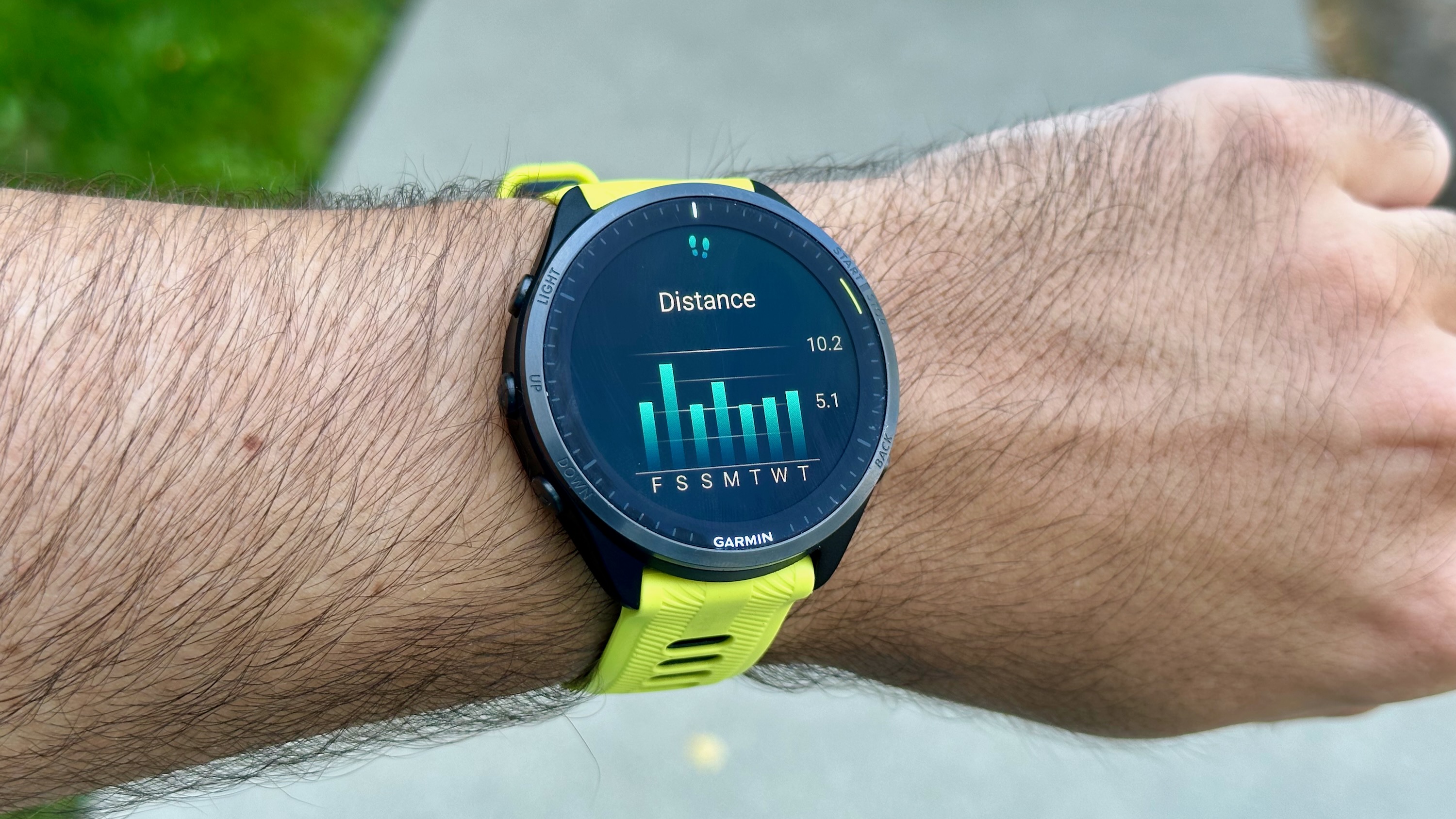 Distance graph showing total miles traveled over the past week, on the Garmin Forerunner 965