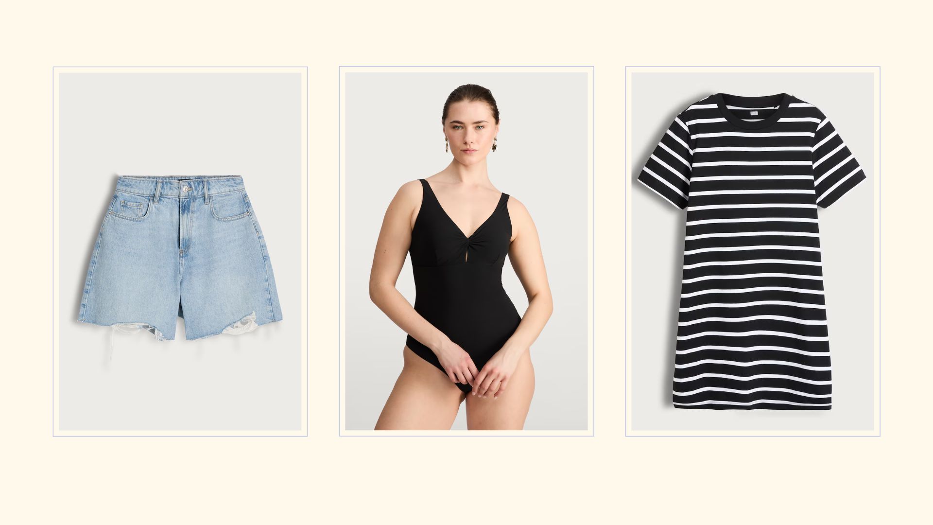 3 women&#039;s clothing items: denim shorts, a swimsuit and a striped t-shirt dress