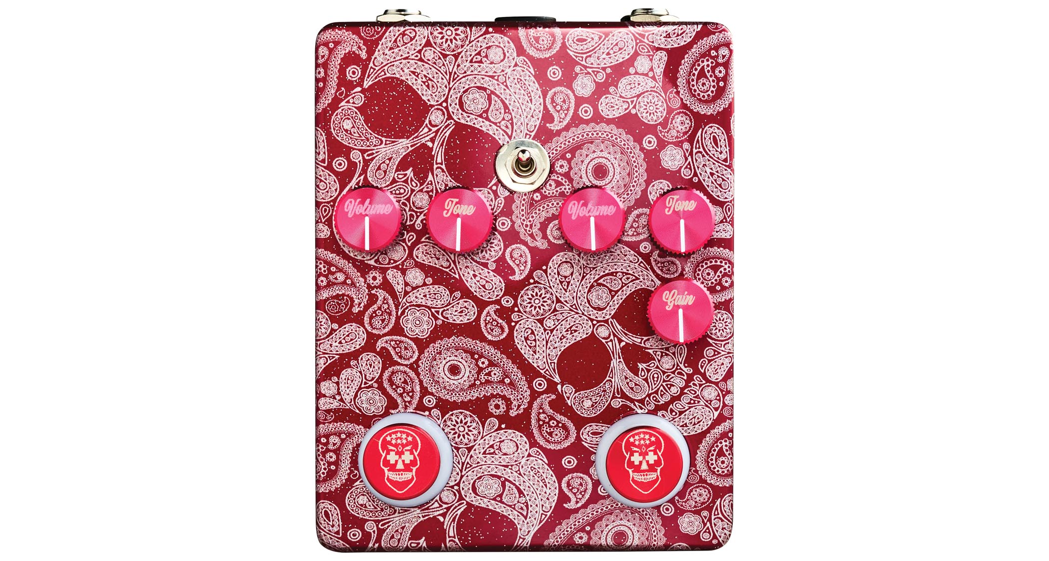 Flattley The Outlaw &amp;ndash; the red-pink boost/drive twofer is decorated in Mexican Day of the Dead inspired graphics