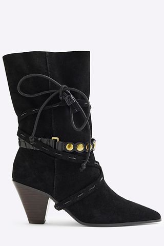 River Island Black Suede Western Heeled Boots