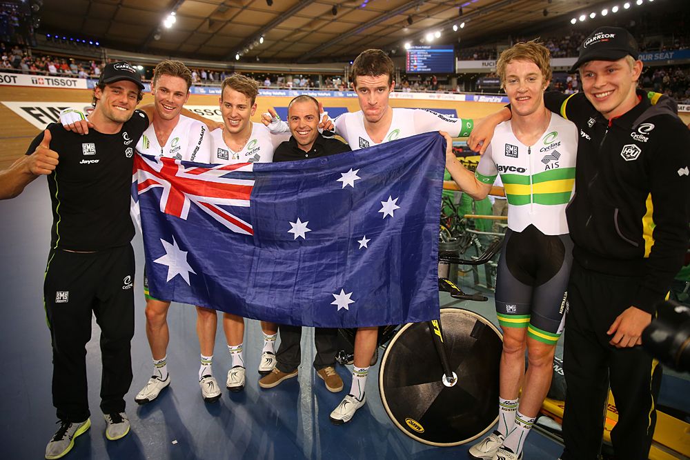 Australia celebrates its win in the team pursuit