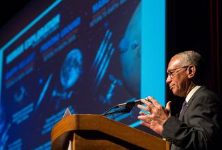 NASA Administrator Charles Bolden delivers the opening keynote address at the Humans to Mars Summit on April 22, 2014 at George Washington University in Washington, DC. Administrator Bolden spoke of NASA's path to the human exploration of Mars during his remarks.